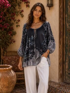 Hale Bob Silk Blend Blouse Velvet Burnout SZL Sheer Beads Boho Sheer Luxe